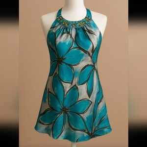 Elegant Blue, White And Brown Abstract Halter Top-Size Medium